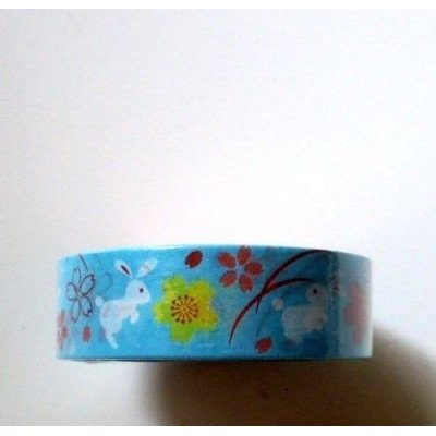 Photo1: Decorative Craft Washi Masking Tape Sticker Rabbit Sakura Brand New Blue