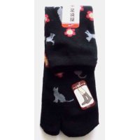 Japanese Geta Split-toe Tabi Socks Cat Flower Pattern Kimono Yukata Black