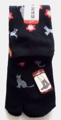 Japanese Geta Split-toe Tabi Socks Cat Flower Pattern Kimono Yukata Black