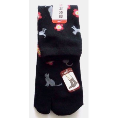 Photo1: Japanese Geta Split-toe Tabi Socks Cat Flower Pattern Kimono Yukata Black