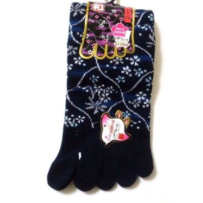 Photo1: Japanese Geta Split-toe Tabi Socks Flower Pattern Kimono Yukata Navy Brand New