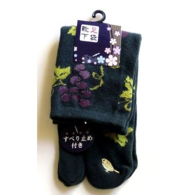 Photo1: Japanese Geta Split-toe Tabi Socks Grapes Bird Pattern Kimono Yukata Khaki