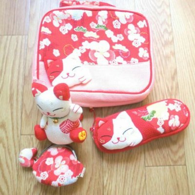 Photo3: Japan Chirimen Crape Works Cat Pouch Kimono New