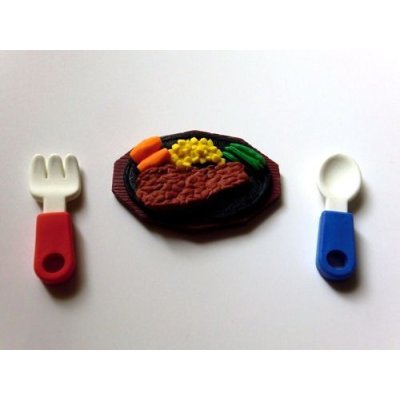 Photo1: Eraser Toy Dinner Steak Fork Spoon Brand New