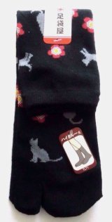 Photo: Japanese Geta Split-toe Tabi Socks Cat Flower Pattern Kimono Yukata Black