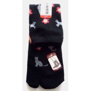 Photo: Japanese Geta Split-toe Tabi Socks Cat Flower Pattern Kimono Yukata Black