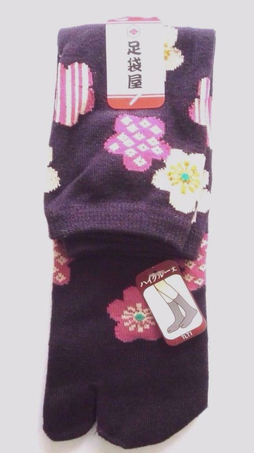 Photo1: Japanese Geta Split-toe Tabi Socks Flower Pattern Kimono Yukata Purple (1)