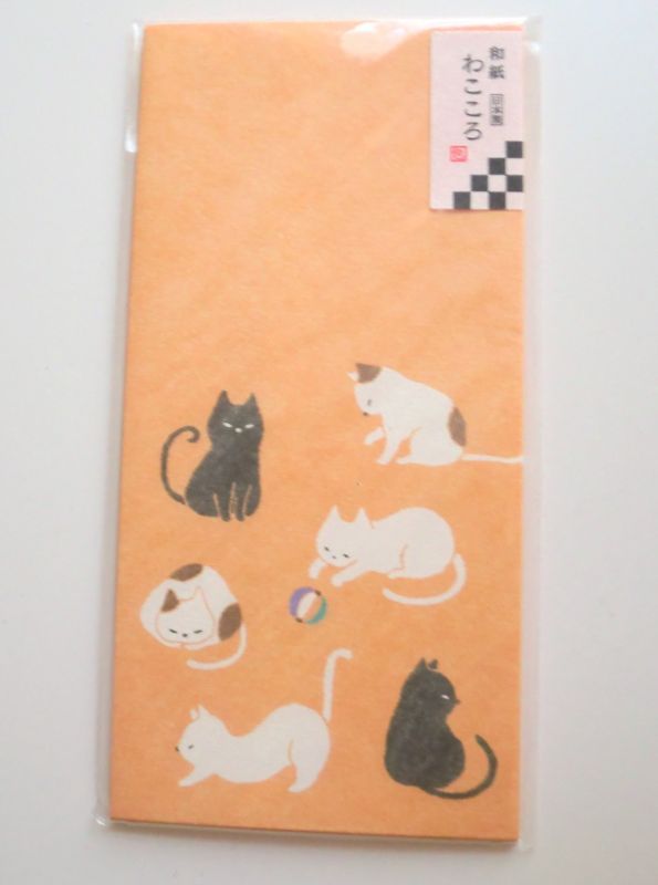 Photo1: Japanese Washi Envelopes Long Cat Orange Brand New (1)