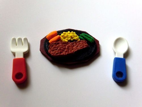 Photo1: Eraser Toy Dinner Steak Fork Spoon Brand New (1)